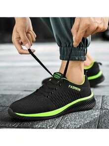 Autumn Teenager Campus Sports Shoes, Men's Fashion Casual Sports Shoes, Men's Breathable Mesh Colored Striped Lace-Up Rounded Toe Fitness Sneakers, Men's Breathable Lightweight Non-Slip Sports Shoes In Summer, 2024 New Fashion Versatile Casual Shoes With Odor-Resistant Mesh - 綠色 - 查看 4