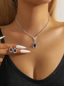 3pcs/set Cubic Zirconia Water-drop Decor Jewelry Set For Women For Party Banquet Wedding - Dusty Blue - View 8