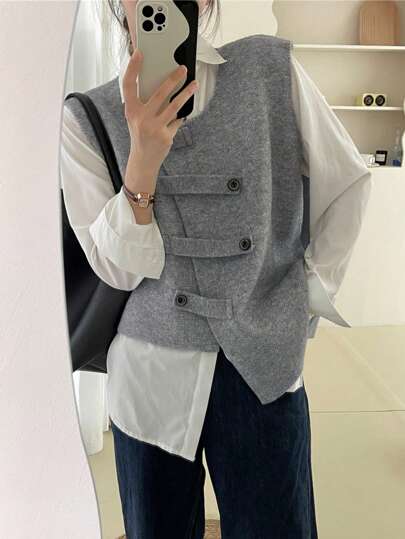 Alicedudu Maglione smanicato asimmetrico con bottoni, design minimalista, per donna, autunno/inverno