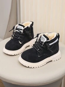 Children's Boots New Winter Retro Fashionable And Simple Warm Boots With Laces And Side Zipper Design Snow Boots Windproof And Cold-Istant Boots - Black - View 3