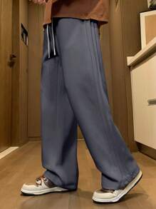 男士厚款休闲宽松直筒长裤，秋季 - 深灰色 - 查看 4