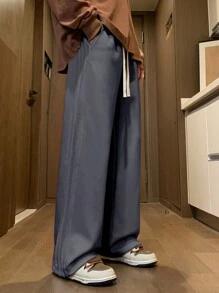 男士厚款休闲宽松直筒长裤，秋季 - 深灰色 - 查看 5