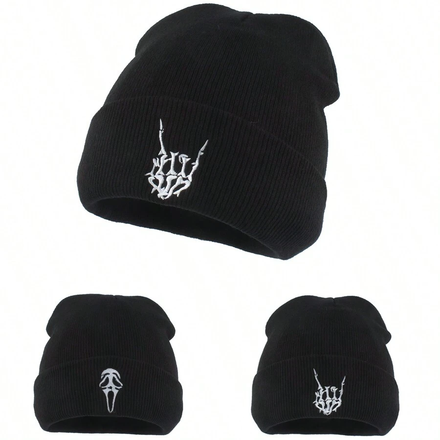 欧美时尚个性手势鬼脸刺绣双面针织帽男女款保暖滑雪帽街头朋克嘻哈针织帽万圣节 - 多色 - 查看 1