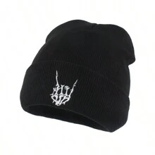 欧美时尚个性手势鬼脸刺绣双面针织帽男女款保暖滑雪帽街头朋克嘻哈针织帽万圣节 - 多色 - 查看 3