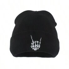 欧美时尚个性手势鬼脸刺绣双面针织帽男女款保暖滑雪帽街头朋克嘻哈针织帽万圣节 - 多色 - 查看 2