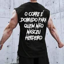 Printed Oversized Tank Top With Low-Cut Gym Shirt With Phrase 100% Cotton - 黑色 - 查看 1