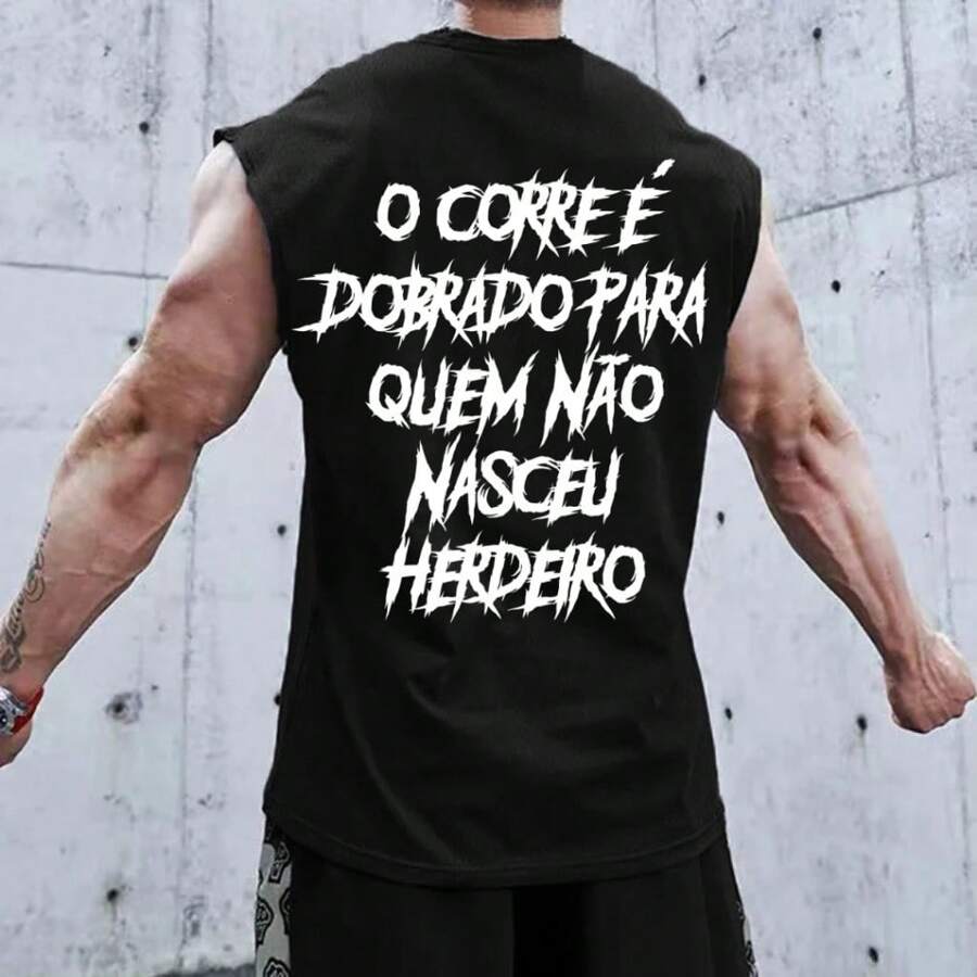 Printed Oversized Tank Top With Low-Cut Gym Shirt With Phrase 100% Cotton - 黑色 - 查看 1