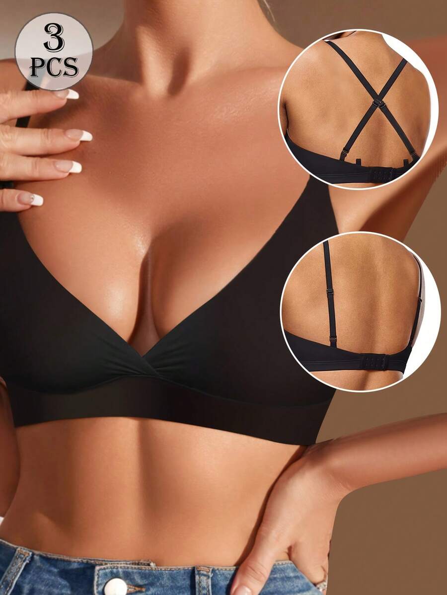 3 件套女士性感薄款柔软舒适透气日常文胸套装，内衣