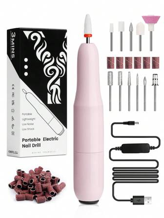  YOKEFELLOW 电动指甲钻套装专业指甲钻机粉色白色 30000RPM 便携式指甲锉抛光工具，带 12 个指甲钻头和 6 个打磨带和 1 袋打磨带，用于切割凝胶指甲油，修指甲修脚套装美甲用品，适合美甲师或初学者美甲沙龙使用
