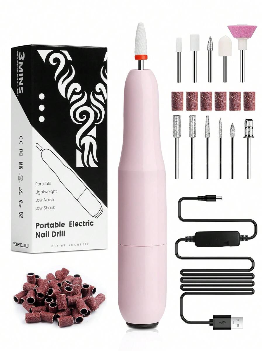YOKEFELLOW 电动美甲打磨机套装，专业美甲打磨机，粉白配色，30000RPM 转速，便携式美甲锉抛光工具，配备 12 个钻头、6 个砂圈和 1 包砂圈，适用于切割凝胶指甲油，美甲修脚套装，美甲师或初学者美甲沙龙使用。 - 粉色 - 查看 1