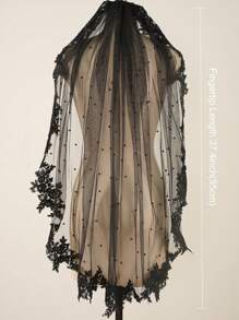 1 件短款珍珠亮片黑色蕾丝婚礼新娘面纱带金属梳子适合万圣节角色扮演舞会派对秋季服装女士