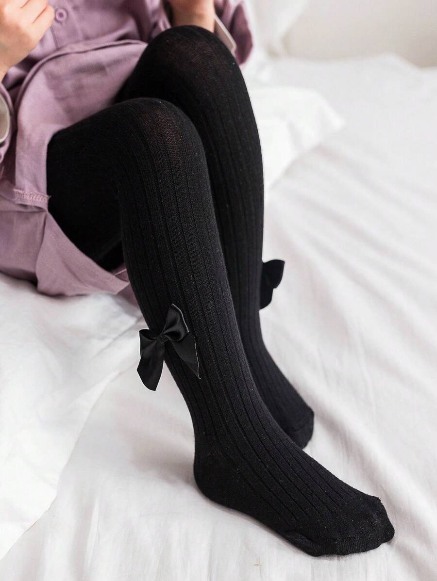 1 件柔软透气女童打底裤带蝴蝶结装饰，白色和黑色婴儿紧身裤，儿童连裤袜