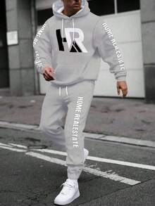 2 件男士简约字母印花连帽衫和运动裤套装，灰色，秋季服装 - 灰色 - 查看 2