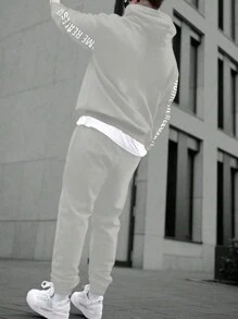 2 件男士简约字母印花连帽衫和运动裤套装，灰色，秋季服装 - 灰色 - 查看 3