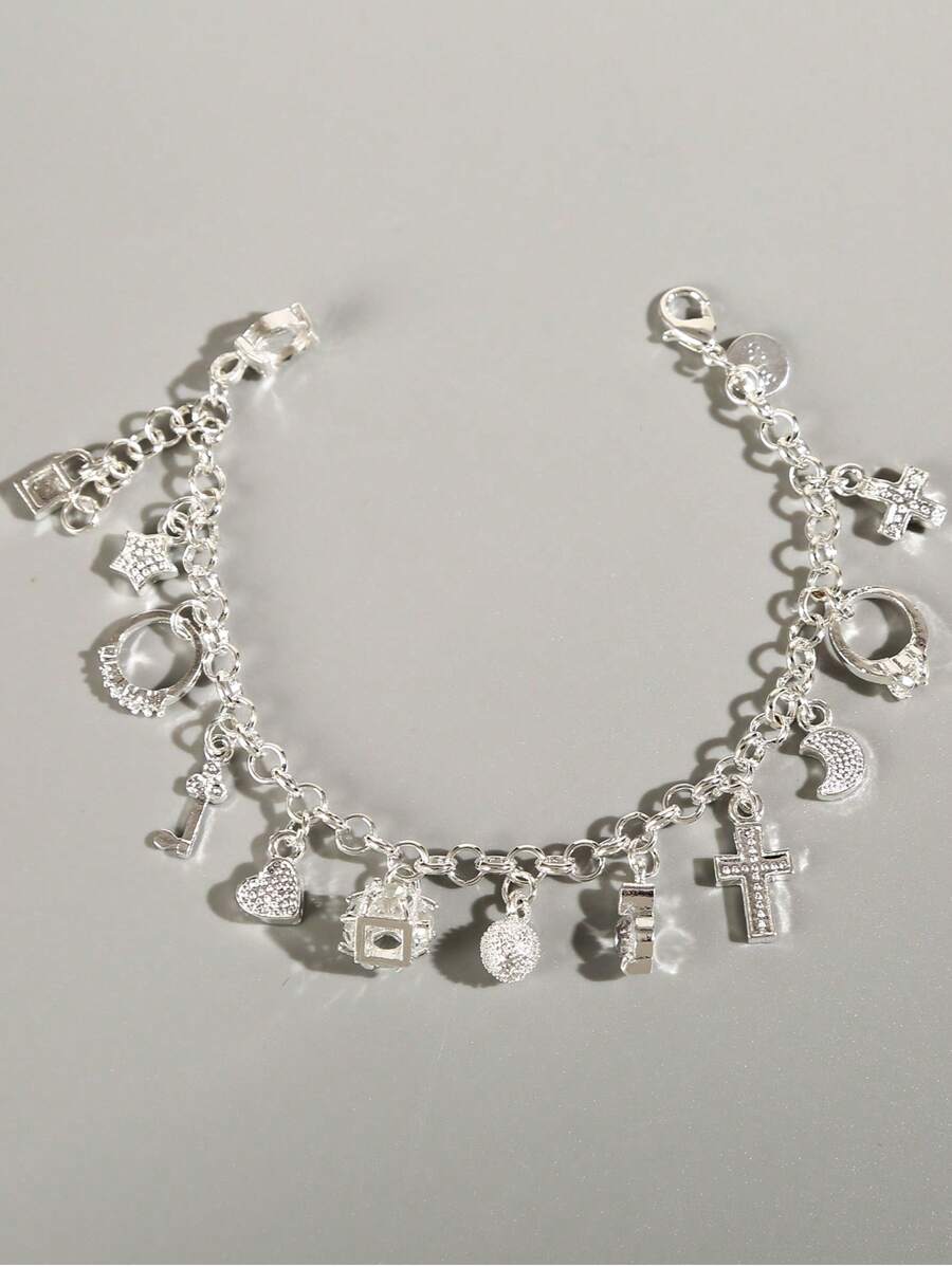 yijiangbeiting 男士交叉和珠子墜飾手環 - 銀色 - 查看 1