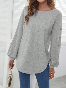Contrast Button Bishop Sleeve Sweater - Grey - View 4