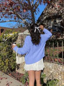 女士圆领扭花长袖针织毛衣，宽松版型，简约风格，通勤必备，天蓝色，休闲保暖，新年必备