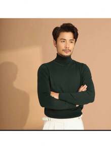 Men's Ribbed Turtleneck Sweater - 軍綠色 - 查看 2