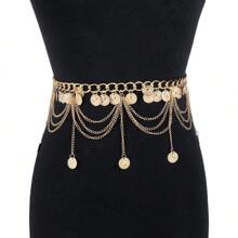 Mydear 1 件女式复古流苏和圆盘链腰带，适合日常穿着和派对 - 金色 - 查看 8