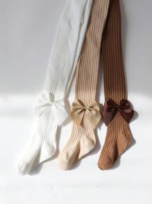 3pcs Girls' Solid Striped Bow Leggings Tights, Suitable For All Seasons - Multicolor - View 5