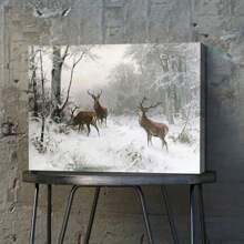 1pc Framed Vintage Deer Painting Winter Landscape Canvas Print Wall Art Mystic Forest Mountain Landscape With Deer Nature Wilderness Poster Modern Art Rustic Scenic For Living Room Bedroom Holiday Prints - White - View 4