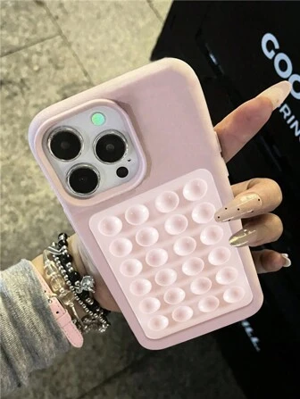 Minimalist Luxury Pink Suction Cup Litchi Pattern Apple Phone Holder Stand Case Compatible With Iphone 15 14 13 12 11 Pro Max Fashion Simple Shockproof Waterproof Anti-Fall Scratch Resistant Gift
