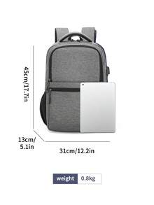 时尚男士纯色笔记本电脑背包，多功能大容量户外旅行功能背包，带 USB 充电端口的商务休闲通勤背包，适合初中、高中和大学生的校园书包 - 灰色 - 查看 3