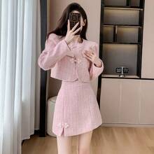 RUIWY 2 件套女士春季时尚优雅纽扣设计夹克和裙子套装，适合派对、通勤、约会 - 粉色 - 查看 1