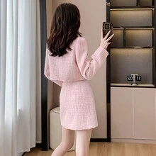 RUIWY 2 件套女士春季时尚优雅纽扣设计夹克和裙子套装，适合派对、通勤、约会 - 粉色 - 查看 2