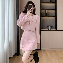 RUIWY 2 件套女士春季时尚优雅纽扣设计夹克和裙子套装，适合派对、通勤、约会 - 粉色 - 查看 9