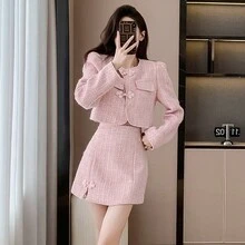 RUIWY 2 件套女士春季时尚优雅纽扣设计夹克和裙子套装，适合派对、通勤、约会 - 粉色 - 查看 8