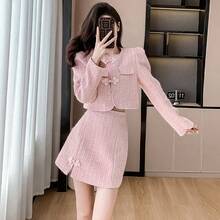 RUIWY 2 件套女士春季时尚优雅纽扣设计夹克和裙子套装，适合派对、通勤、约会 - 粉色 - 查看 6