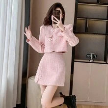 RUIWY 2 件套女士春季时尚优雅纽扣设计夹克和裙子套装，适合派对、通勤、约会 - 粉色 - 查看 5