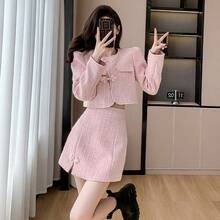 RUIWY 2 件套女士春季时尚优雅纽扣设计夹克和裙子套装，适合派对、通勤、约会 - 粉色 - 查看 7