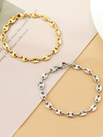1pc Stainless Steel Minimalist Vintage Niche Design Nose Chain Bracelet, Classic Coffee Bean Geometrical Splicing High-End Couples Jewelry