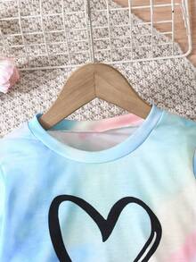 2pcs/Set Young Girl Heart Print & Tie Dye Long Sleeve Top And Fashionable Skort Casual Set - Blue - View 3