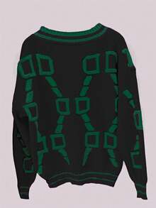 女士休闲字母图案V领单排扣针织开衫毛衣，长袖，秋冬款