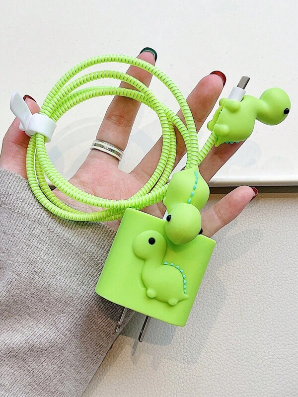 5pcs/Set Cute Green Dinosaur Cartoon Data Cable Kit, Including 1.5m Laser Winding Organizer, Fixture And TPU Charger Head Protector To Prevent Cable Breakage. Compatible With IPhone 12/13/14 20W Fast Charging Adapter Cable Protector, Charger Protector