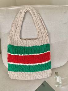 1 件条纹图案 Y2K 新款简约女士日常使用轻便手提包镂空包针织包钩针包沙滩包购物袋夏季书包适合毕业生、青少年、新生、二年级学生、三年级学生和四年级学生，适合大学、大学和高中，非常适合户外、旅行和返校休闲包 - 彩色 - 查看 6