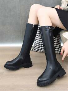 Ghete de călărie înalte, negre, mărimea 43, pentru femei, talpă groasă, curea cu cataramă, cizme peste genunchi, croială slim, toamnă/iarnă - Negru - Vizualizare 4