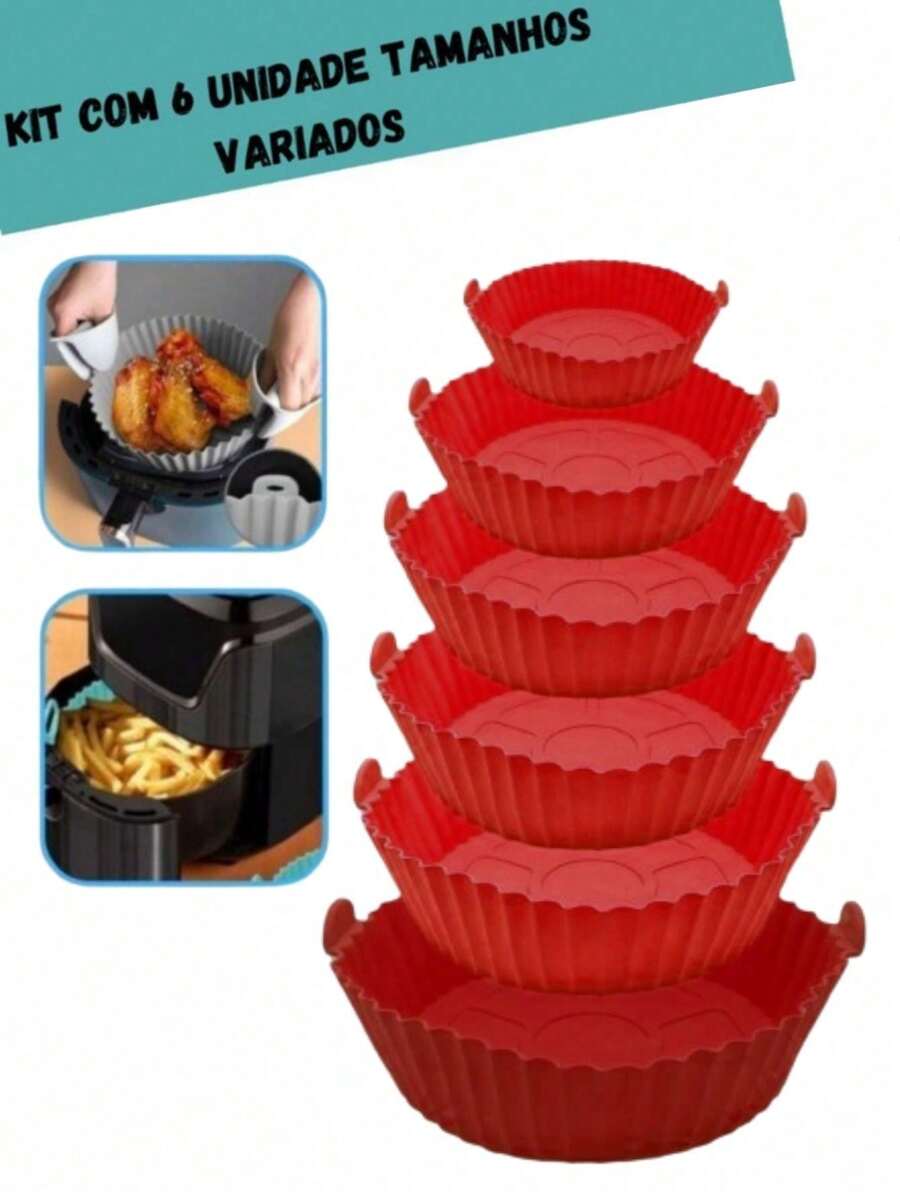 Kit Of 6 Airfryer Molds In Various Sizes, Non-Stick Silicone, Microwave-Safe, Washable With Handle - Đỏ - Xem 1