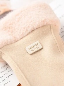 Wool Patchwork Fluffy Five-Finger Warm Thick Minimalist Gloves - Khaki + black - View 10