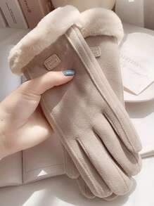 Wool Patchwork Fluffy Five-Finger Warm Thick Minimalist Gloves - Khaki + black - View 8