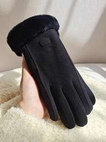 Wool Patchwork Fluffy Five-Finger Warm Thick Minimalist Gloves - Khaki + black - View 4