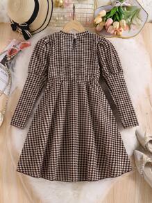 青少年女孩格子图案圆领中长 A 字形连衣裙（不含腰带） - 咖啡 - 查看 4