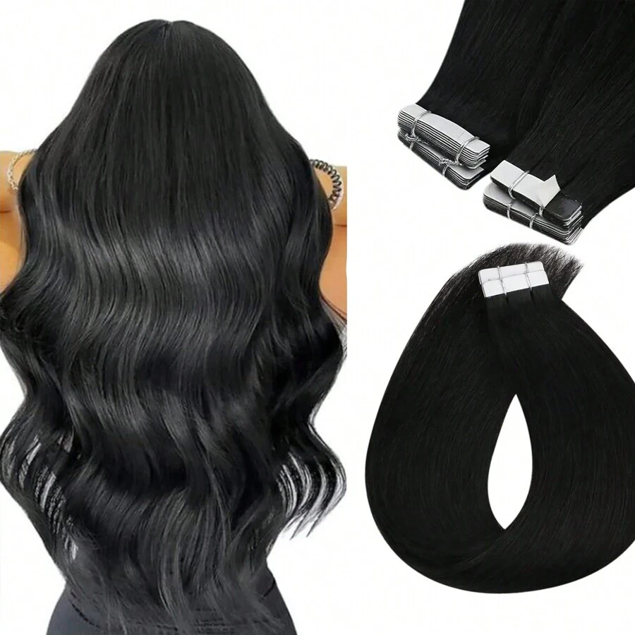 Tape In Hair Extensions Human Hair #1B Natural Black 20 Inch 50g 20Pcs Straight Seamless Tape In Invisible Tape In Hair Extensions Human Hair - Natural Black - 查看 1