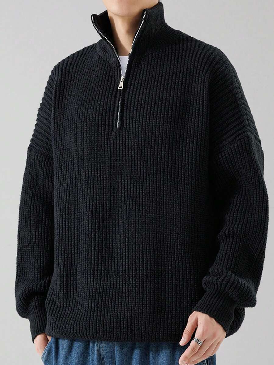 Men's Casual Textured Stand Collar Half-Zip Knitted Sweater, Autumn Winter