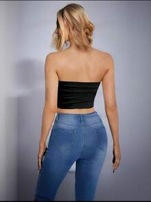 Crop top tubo corto sexy unicolor - Negro - Ver 2