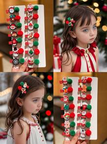 7/14/21 件儿童圣诞发夹，配可爱毛绒球 - 彩色 - 查看 9