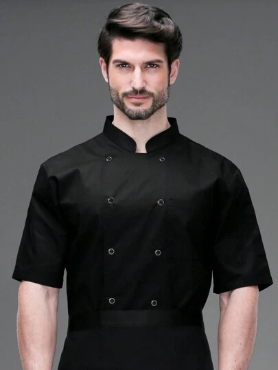 1pc Chef Coat, Unisex Stand Collar Double-Breasted Short Sleeve Breathable Lightweight Comfortable Chef Jacket